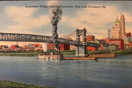 Suspension Bridge showing Cincinnati, Ohio from Covington, Kentucky - Vintage Bridge Postcard