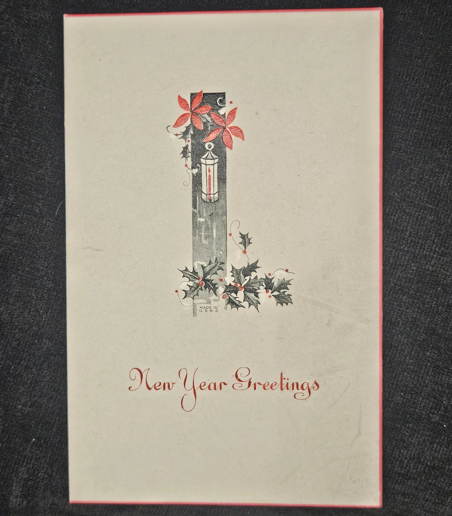 New Year Greetings, Engraved Black and Red Christmas Card with Lantern and Holly - Art Deco Christmas Card 1910 -1920 - signed