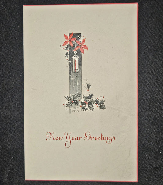 New Year Greetings, Engraved Black and Red Christmas Card with Lantern and Holly - Art Deco Christmas Card 1910 -1920 - signed