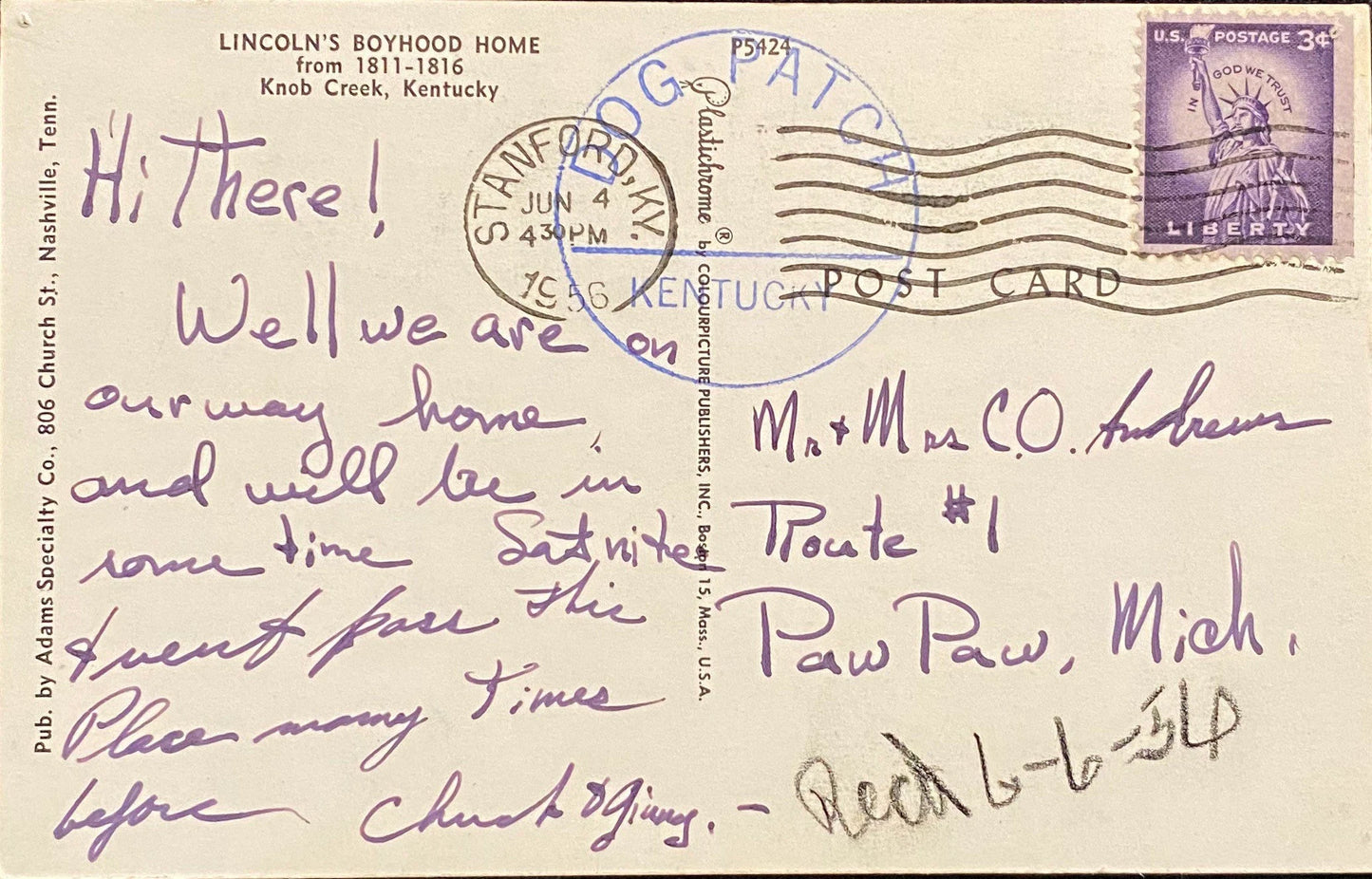 Lincoln's Boyhood Home, Knob Creek, Kentucky - 1950s Postcard
