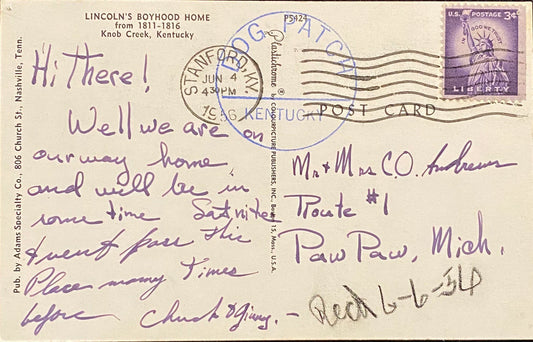 Lincoln's Boyhood Home, Knob Creek, Kentucky - 1950s Postcard