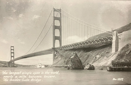 RPPC - The longest single span in the world, nearly a mile between towers. The Golden Gate Bridge - Zan - Real Photo Postcard - 1940s photo