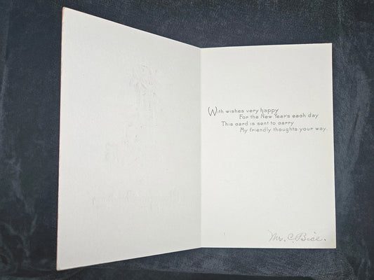 New Year Greetings, Engraved Black and Red Christmas Card with Lantern and Holly - Art Deco Christmas Card 1910 -1920 - signed
