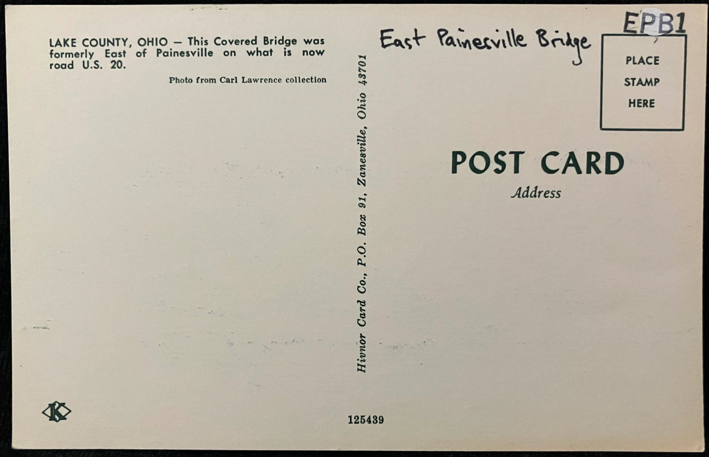 Covered Bridge in Lake County, Ohio - East Painesville Bridge - Photo by Carl Lawrence - Vintage Ohio Covered Bridge Postcard