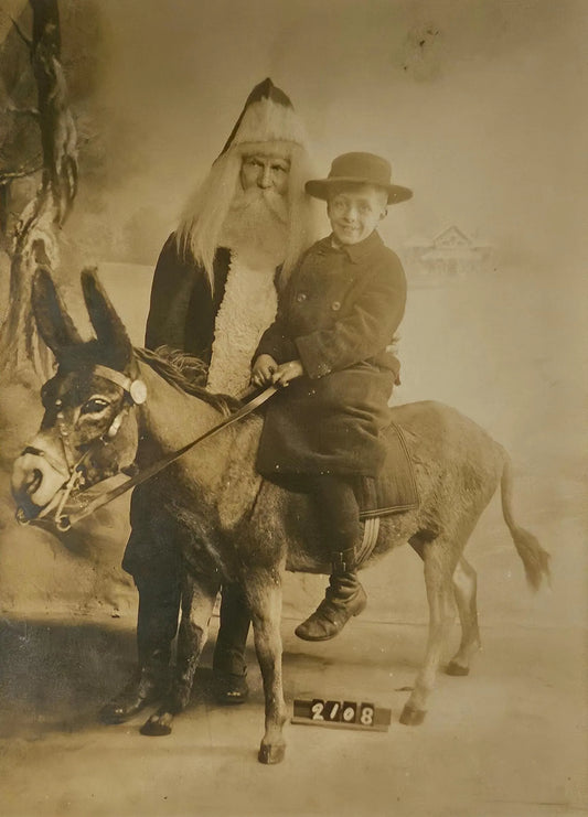 RPPC - Christmas Santa Claus With Little Boy Riding A Donkey - Real Photo Postcard