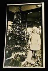 RPPC Girl By Christmas Tree 1915 - Wrapped and Unwrapped Gifts - Live Tree with Gifts Hanging on it - Early 1900s Home Decor - RARE RPPC