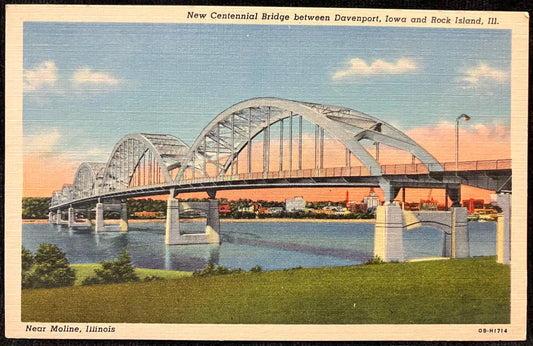 New Centennial Bridge between Davenport, Iowa and Rock Island, Illinois - Near Moline, Illinois - Vintage Bridge Postcard