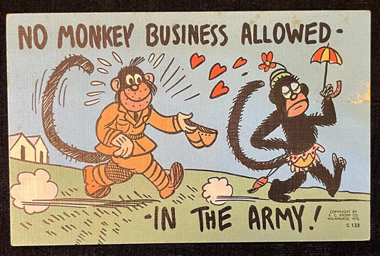 No Monkey Business Allowed In The Army! - Humorous Vintage Postcard