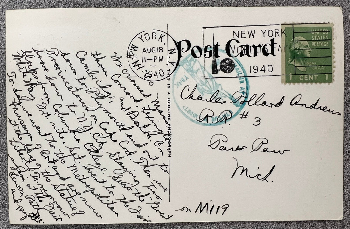 back of postcard with writing, one-cent george washington stamp and 1940 postmark