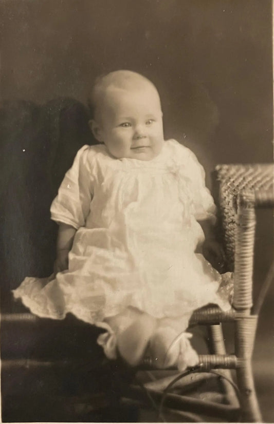 RPPC of  Beautiful Smiling Baby dressed in formal lace dress - Vintage Baby Postcard