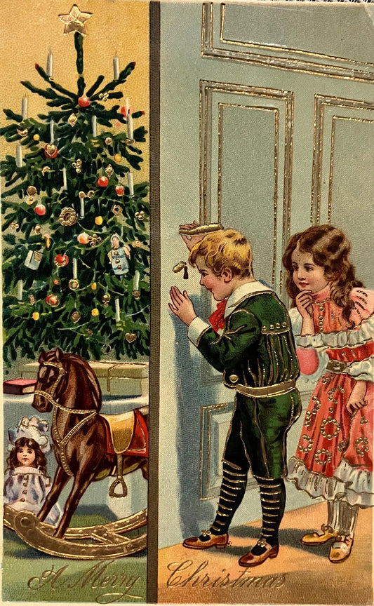 A Merry Christmas - Printed in Germany -Embossed Gold Colored Outlines - Vintage Christmas Postcard -Children peak at Christmas tree in 1910