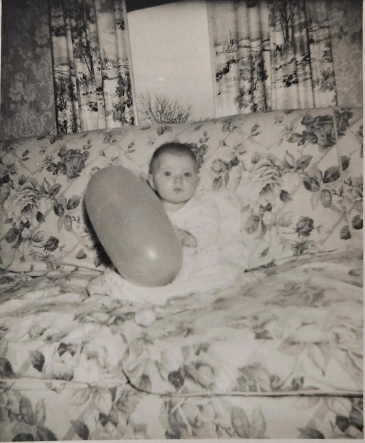 Baby With Balloon On Floral Patterned Couch - Mid Century Photo - late  1940s early 1950 Decor - 1940 black and white photo