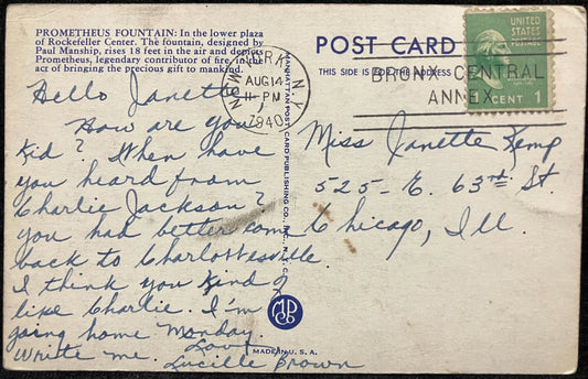 Prometheus Fountain in Rockefeller Center, New York City - Photo by Newspictures - Vintage Postcard