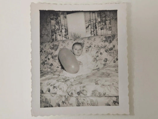 Baby With Balloon On Floral Patterned Couch - Mid Century Photo - late  1940s early 1950 Decor - 1940 black and white photo