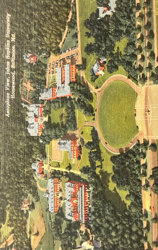 Aeroplane View, John Hopkins University Homewood, Baltimore, Md. - Vintage Hand tinted color Postcard