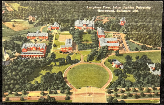 Aeroplane View, John Hopkins University Homewood, Baltimore, Md. - Vintage Hand tinted color Postcard