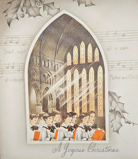 Christmas Card "A Joyous Christmas" Choir Boys below a window with sunlight - 1930 Christmas Card - personalized