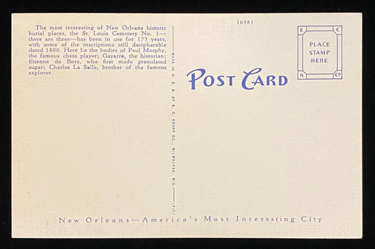 Old St. Louis Cemetery, New Orleans, Louisiana - 1940s Linen Postcard