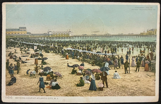 Bathing Hour at Atlantic City, New Jersey - 1904,  Detroit Photographic Co. - Vintage Atlantic City Beach Postcard - Fully Dressed Bathers