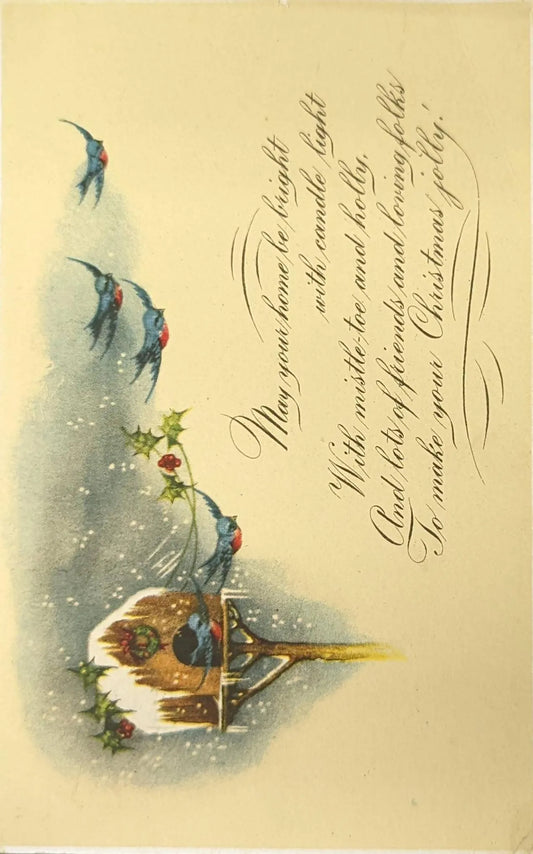Christmas Postcard - Barn Swallows coming from Bird House and a Christmas Poem Greeting - Vintage 1920s Christmas Postcard -