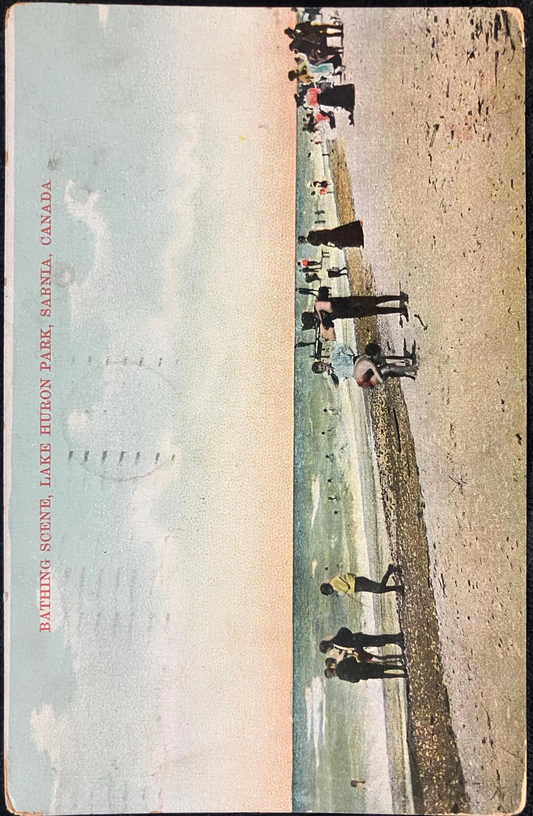 Bathing Scene, Lake Huron Park, Sarnia, Canada  - Vintage Beach Postcard - Real Bathers in 1900 at Beach - great Photo!