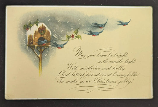 Christmas Postcard - Barn Swallows coming from Bird House and a Christmas Poem Greeting - Vintage 1920s Christmas Postcard -