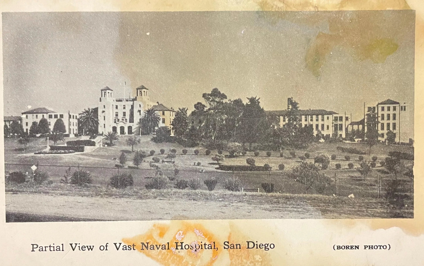 Partial View of Vast Naval Hospital, San Diego, California (Boren Photo) - Early 1920s Hospital Postcard - Krome-A-Tone print