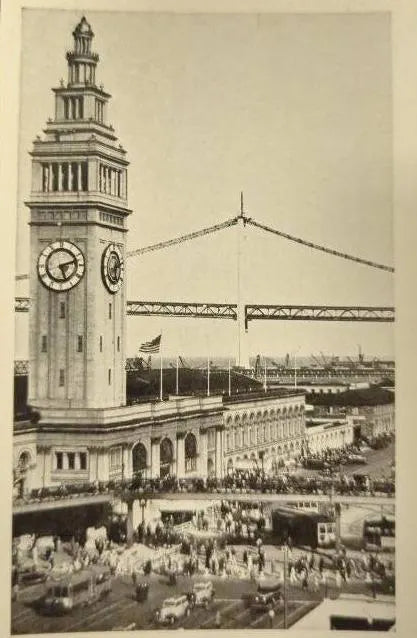 Ferry Building, San Francisco in late 1930s - Vintage San Francisco California Postcard - San Francisco Bay Bridge in Background