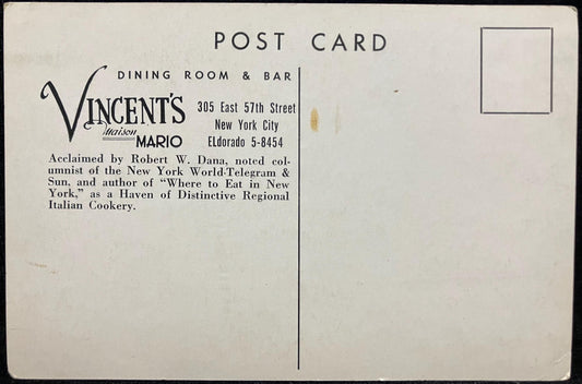 Vincent's Maison Mario - New York City - Vintage Black and White Postcard