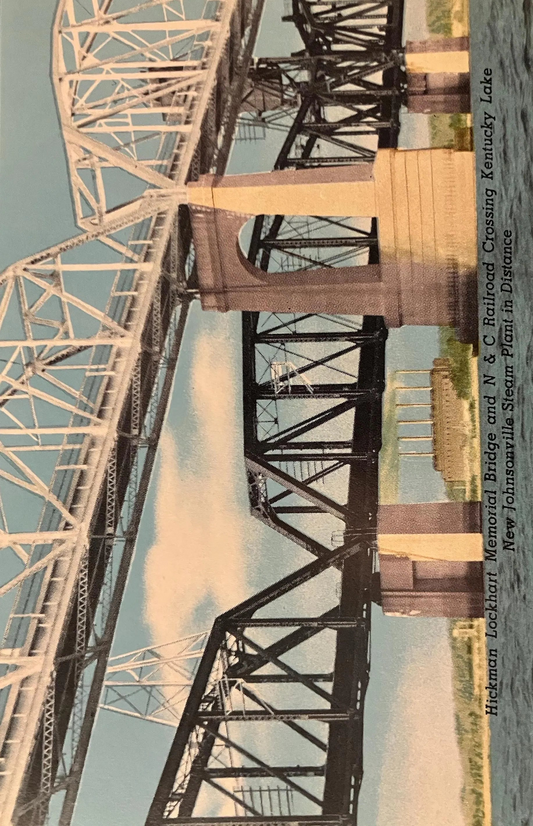 Hickman Lockhart Memorial Bridge and N & C Railroad Crossing Kentucky Lake new Johnsonville Steam Plant in Distance - Vintage Postcard