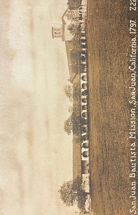 San Juan Bautista Mission, San Juan, California, founded in 1797 - deserted town in 1920s- Sepia tone Photograph - real photo offset printed