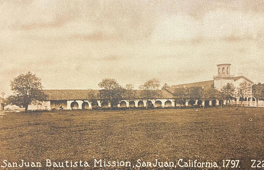 San Juan Bautista Mission, San Juan, California, founded in 1797 - deserted town in 1920s- Sepia tone Photograph - real photo offset printed