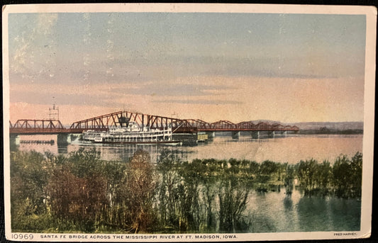 Santa Fe Bridge Across the Mississippi River - Ft. Madison, Iowa. - Vintage Bridge Postcard