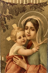 Mary and Baby Jesus Under a Pine Garland with Stars in Background- Embossed  Christmas Postcard -1914