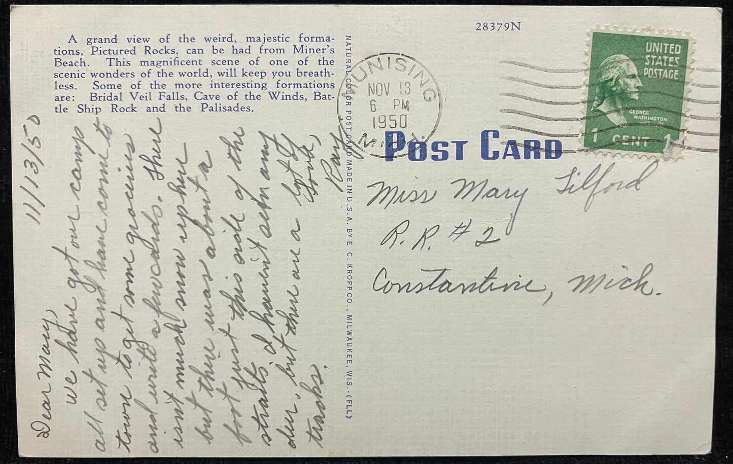 Pictured Rocks from Miner’s Beach, Munising, Michigan, “In the Land of Hiawatha,” - Vintage Postcard