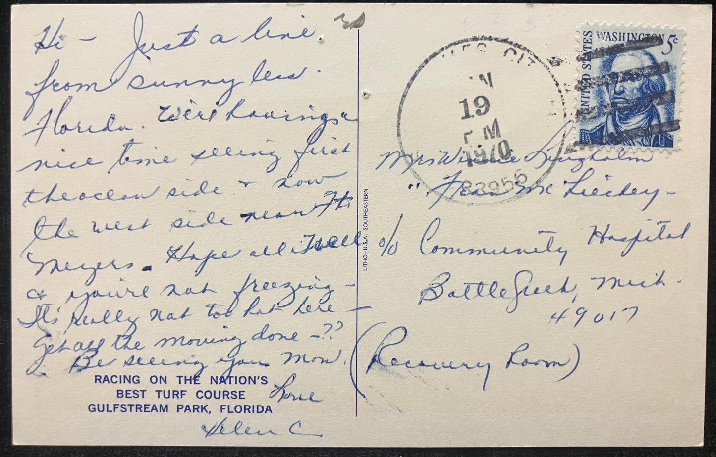 Racing the Nation’s Best Turf Course, Gulfstream Park, Florida - Vintage Racehorse Postcard