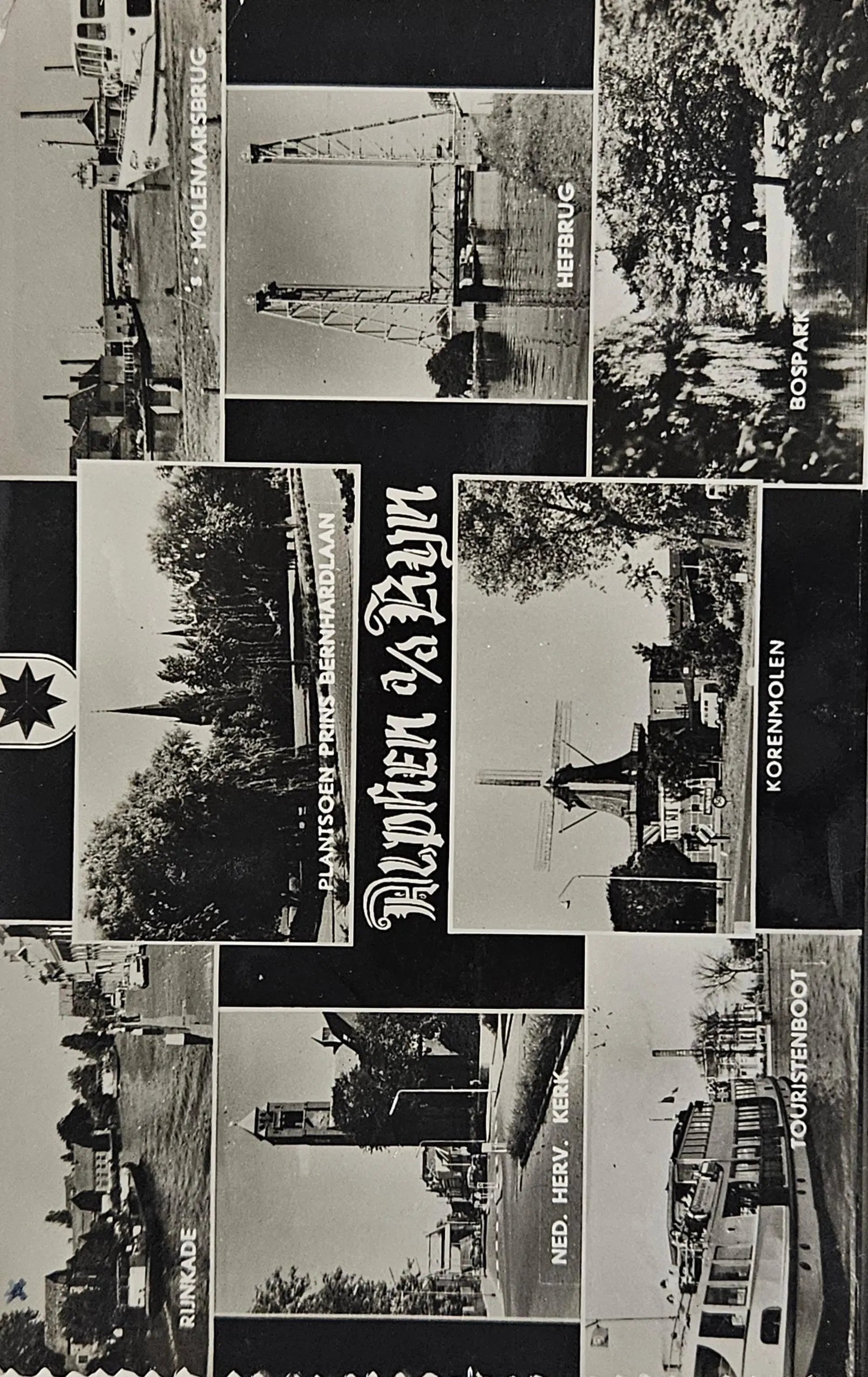Collage of black and white photographs featuring various scenes including a crane, trees, and a windmill in Alphen aan den Rijn.
