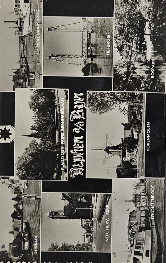 Collage of black and white photographs featuring various scenes including a crane, trees, and a windmill in Alphen aan den Rijn.