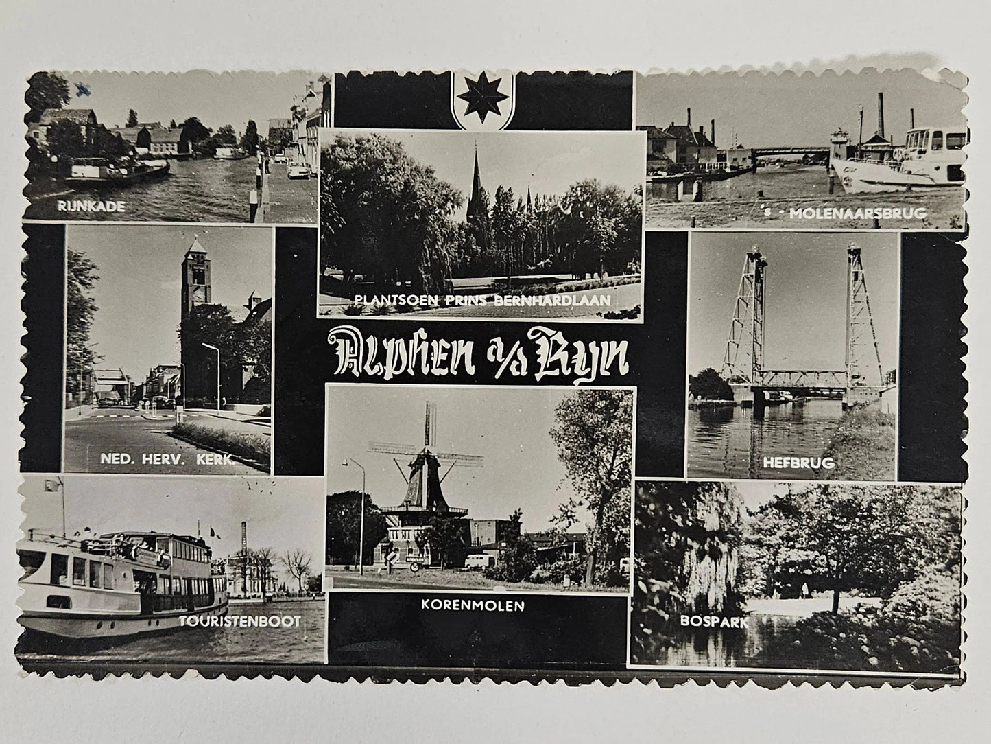 Collage of black and white photographs featuring various landmarks and scenes in Alphen aan den Rijn, with text overlay.
