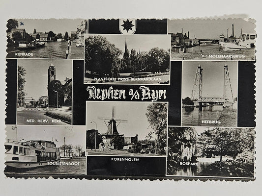 Collage of black and white photographs featuring various landmarks and scenes in Alphen aan den Rijn, with text overlay.