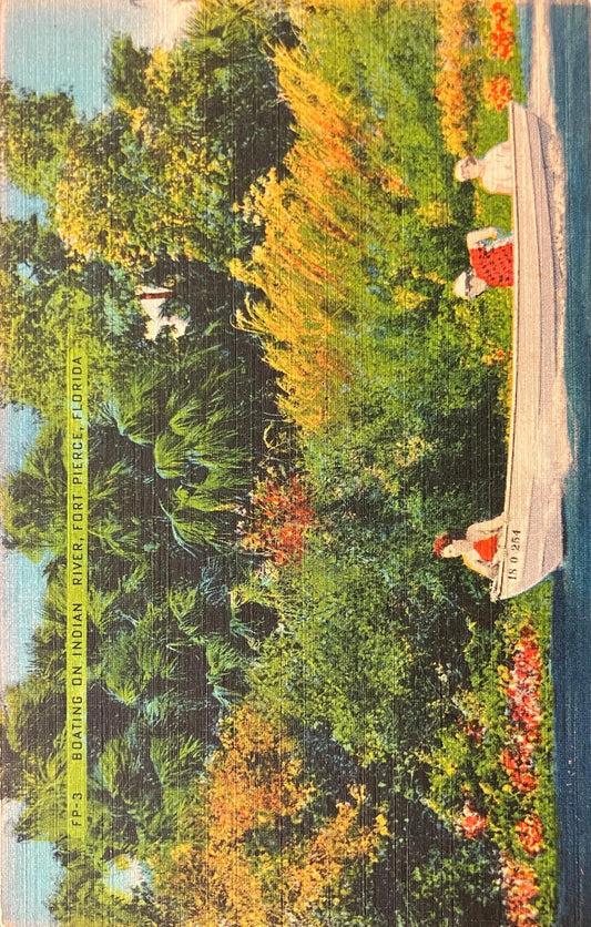 Boating on Indian River, Fort Pierce, Florida - Vintage linen Postcard - Quiet boating on Indian River