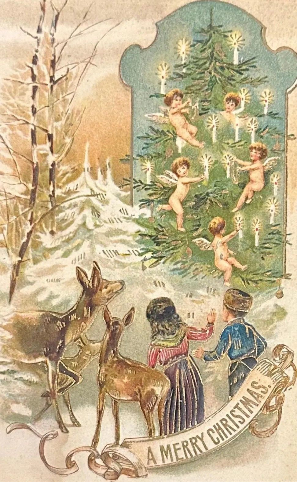 Vintage-style Christmas card with children, deer, and a Christmas tree in a snowy landscape.