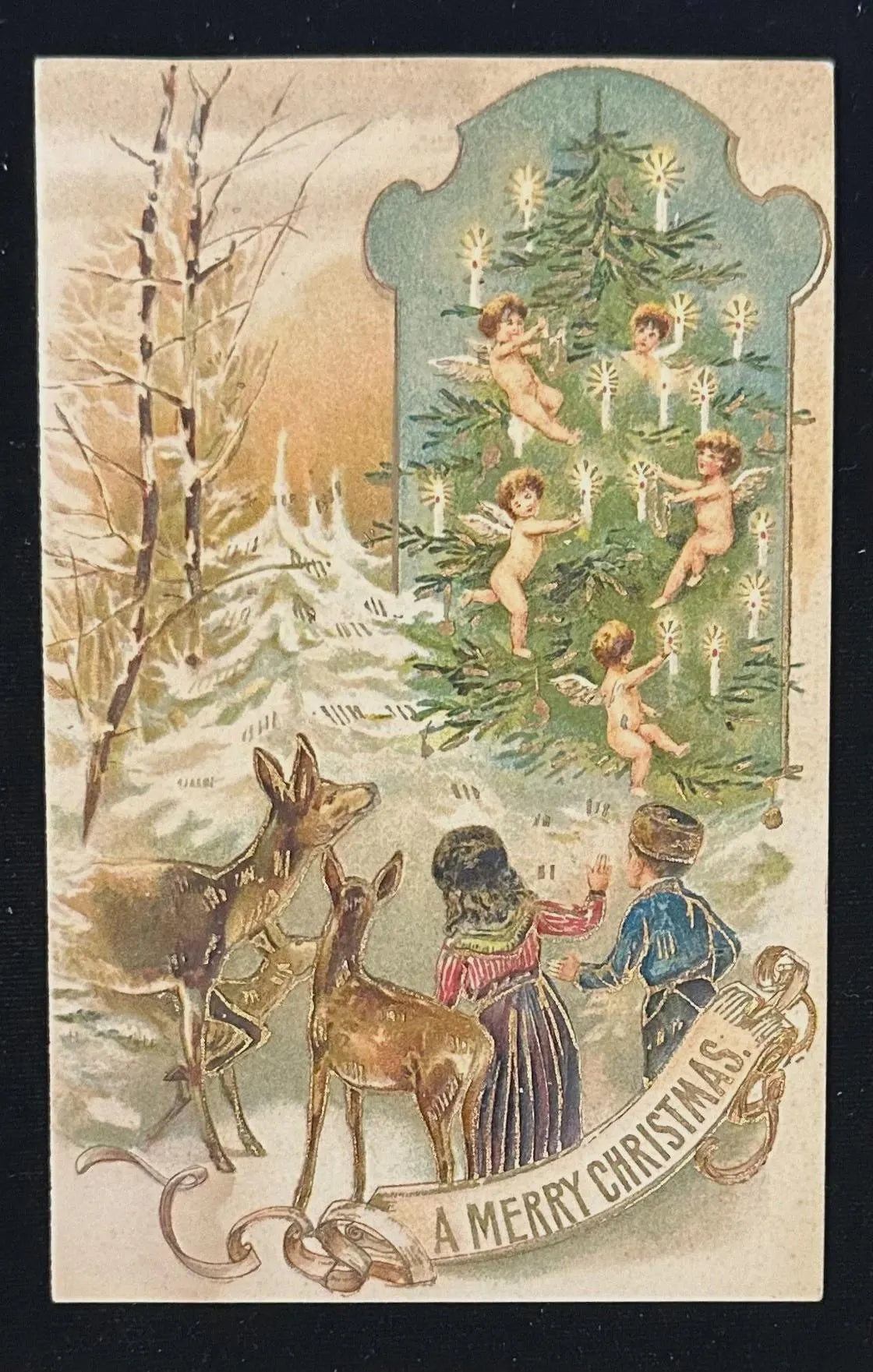 Vintage-style Christmas card with children, deer, and angels around a decorated tree.