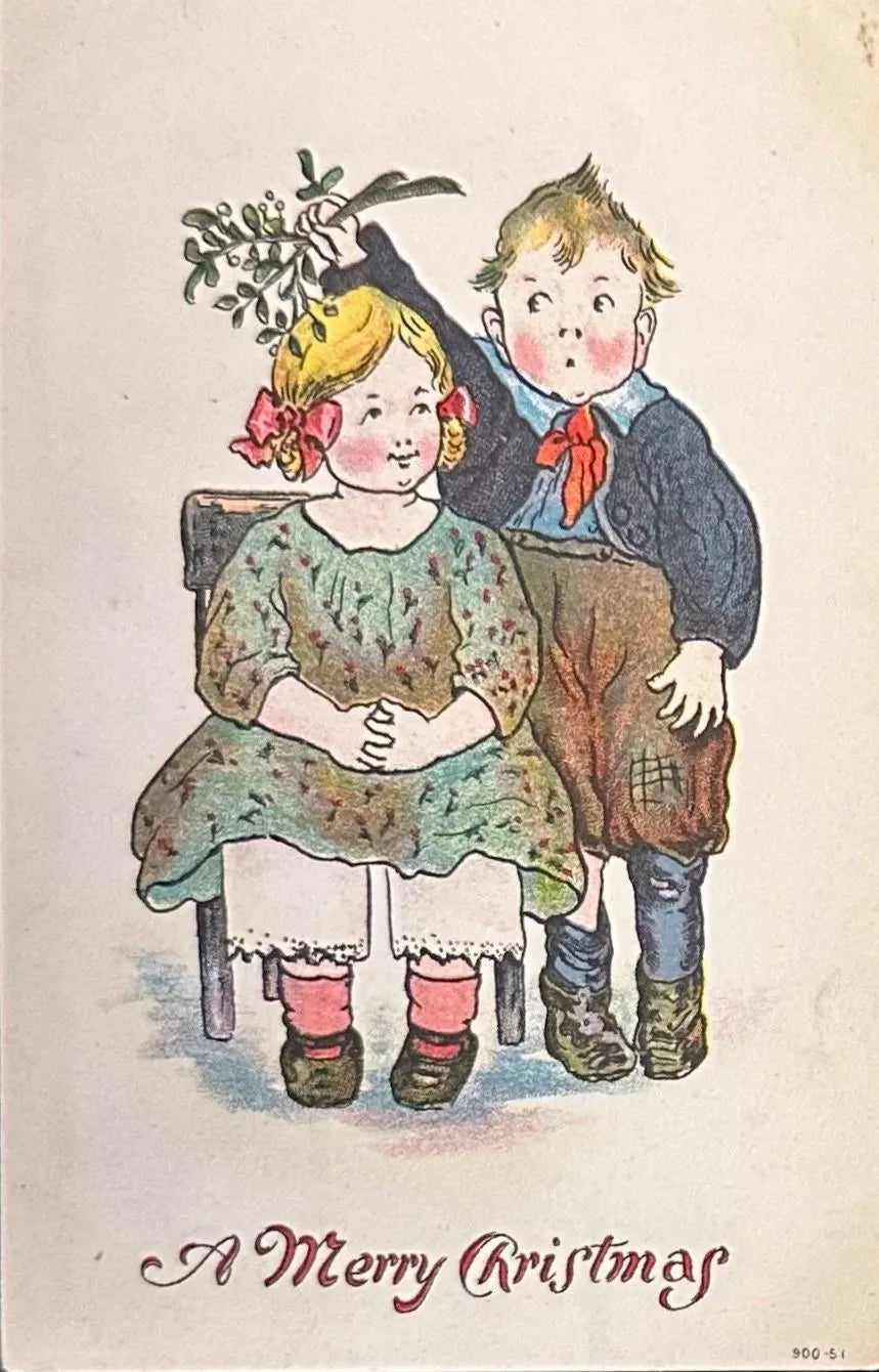 Vintage-style illustration of a boy and girl with a Christmas tree branch, sitting together on a chair.