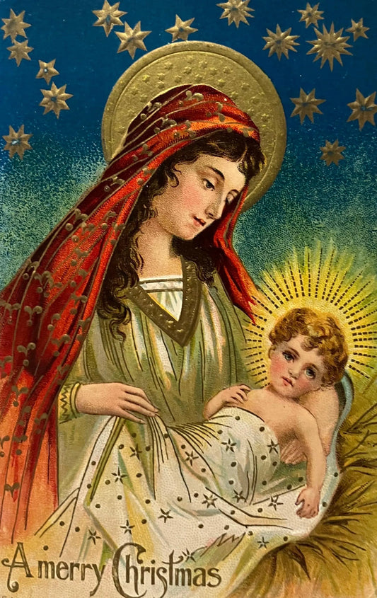 Vintage-style illustration of a woman holding a child with 'A Merry Christmas' text, surrounded by stars.