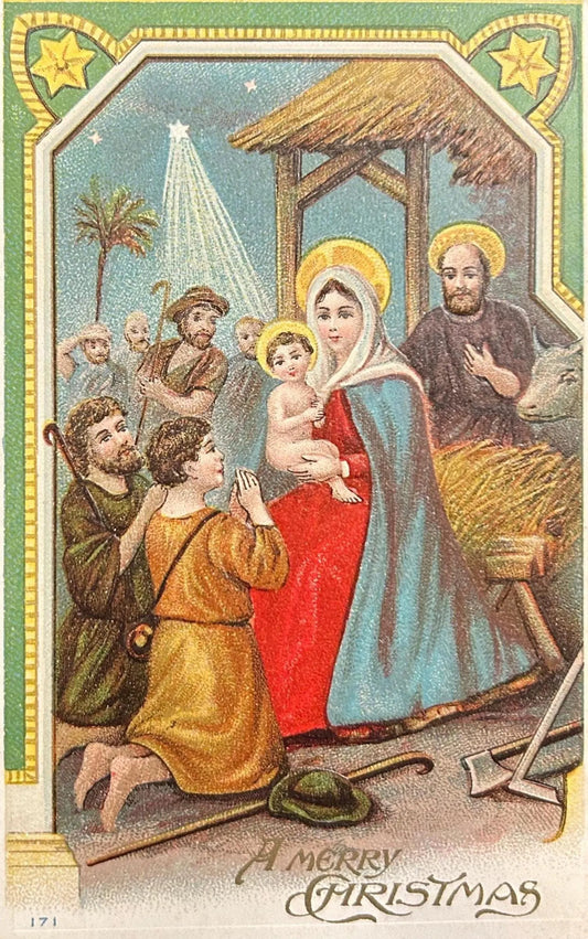 Nativity scene with Mary, Joseph, and baby Jesus, surrounded by shepherds and angels, on a Christmas card.