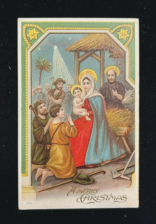 Vintage nativity scene Christmas card with Mary, Joseph, and baby Jesus.