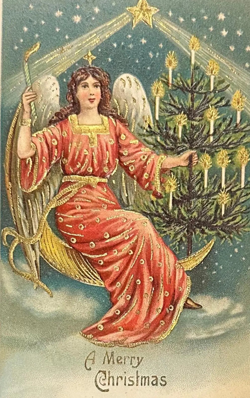 Vintage-style Christmas card with an angel and decorated tree