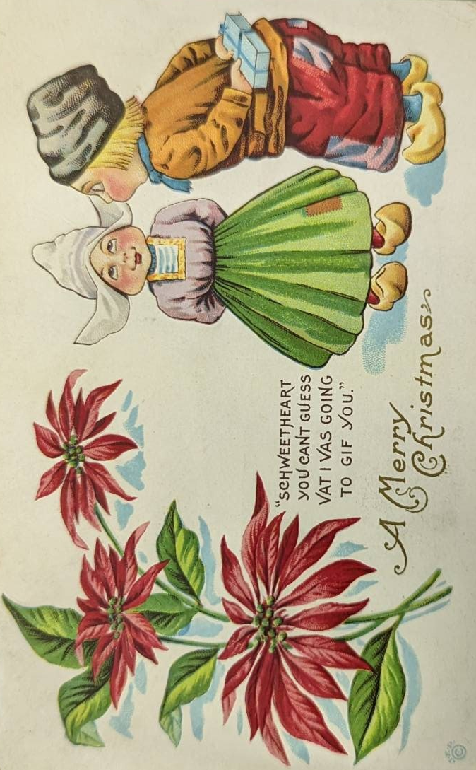 A vintage Dutch embossed Christmas postcard featuring an illustration of a Christmas-themed scene with characters and flowers.