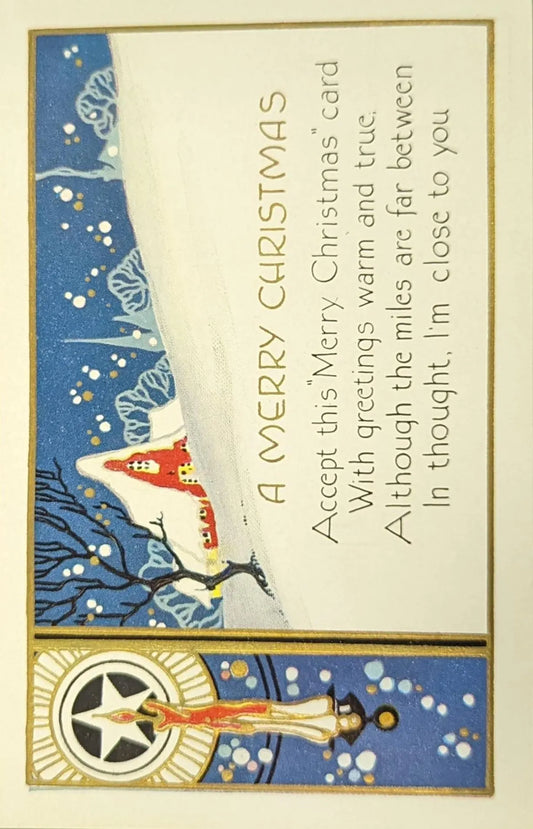 Vintage-style Christmas card with airplane and snowy landscape